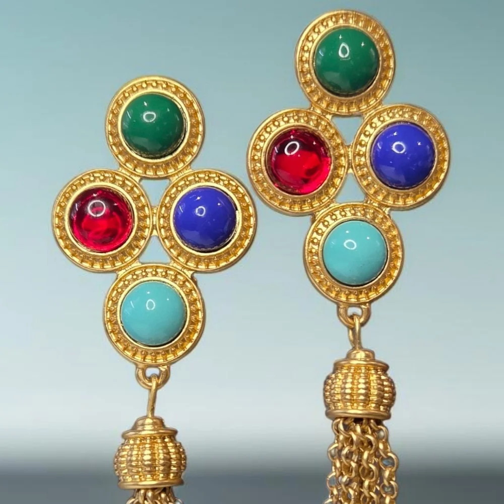 Etruscan Mogul Gold Glass Cabochon Long Chain Tassel Earrings
